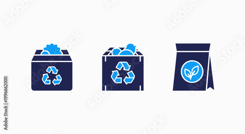 Sustainable recycling and eco-friendly packaging icons including waste sorting bins and organic material storage symbols with recycling environment sustainable conservation packaging cardboard