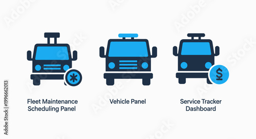 Fleet logistics and vehicle maintenance scheduling icons for service trackers and commercial transport management dashboards with maintenance transport logistics scheduling dashboard management