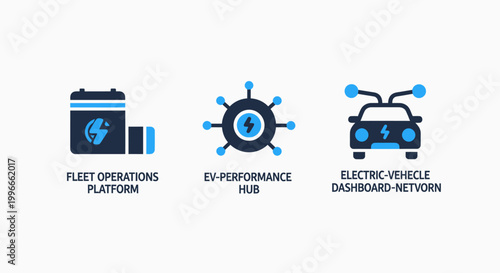 Electric vehicle fleet management icons displaying ev performance hubs battery monitoring intelligent dashboard networking systems electric operation platform performance dashboard