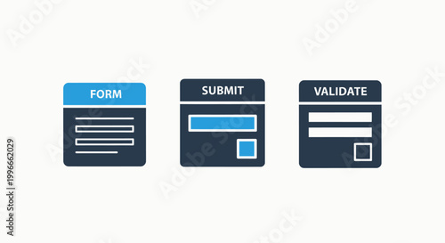 Web interface design elements for online forms submission validation steps in a flat professional UI icon set interface validate resource software application development programming