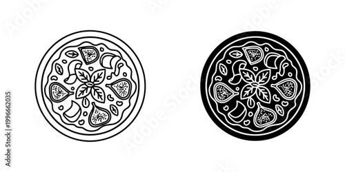 Fig and goat cheese pizza linear icons showcasing gourmet italian pie with fresh fruit slices and balsamic glaze drizzle for upscale restaurant menu branding and modern culinary design elements.