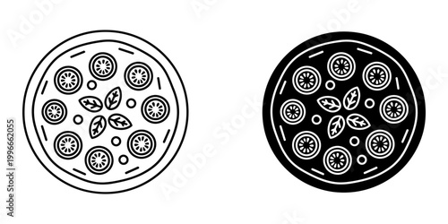 Margherita pizza linear icons featuring classic italian recipe with tomato slices basil leaves and mozzarella cheese for authentic restaurant menu design and mediterranean culinary applications.