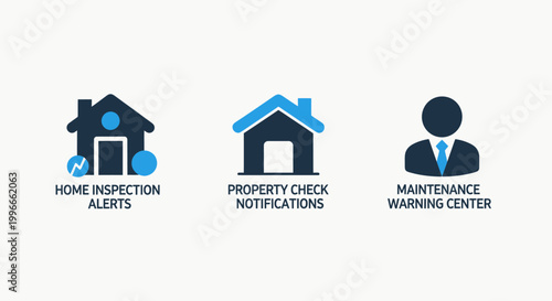 Real estate home inspection alerts and property maintenance warning center icons set with inspection maintenance property notification building management technician professional business