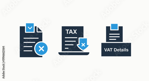 Financial tax and vat document icons showing error notifications and transaction details with document business accounting download information calculation corporate management regulation