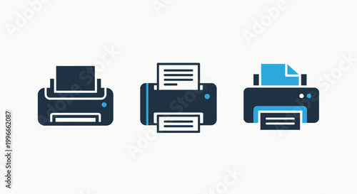 Document printing and office printer icons set with printing document equipment technology business workplace documentation hardcopy paperwork machinery production professional information