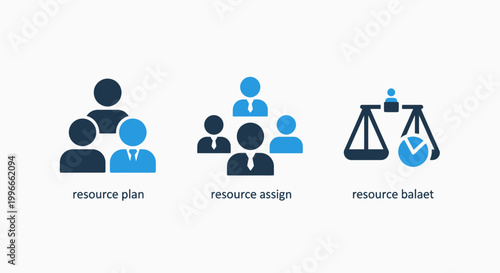 Business resource planning and team assignment icons set with resource planning assignment management business strategy organization workload personnel allocation resources corporate