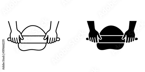 Hands rolling dough with rolling pin icon in line and glyph style vector illustration for bakery process pastry making bread preparation cooking class and kitchen utensil concept isolated on white.