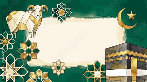 Elegant Islamic celebration background with sacred Kaaba and ram motif illustration