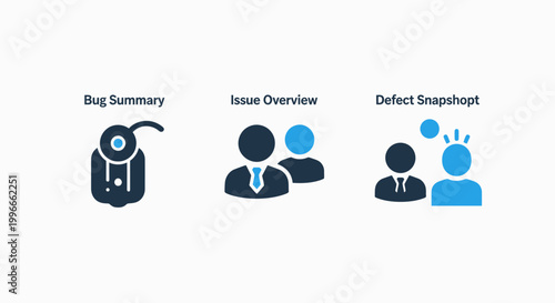 Set of software development and bug reporting icons with snapshot software development technical reporting debugging problems analysis management workflow tracking information interface