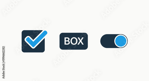 Set of three modern checkmark box and toggle switch user interface element icons with checkmark interface checkbox selection settings interactive platform software application development