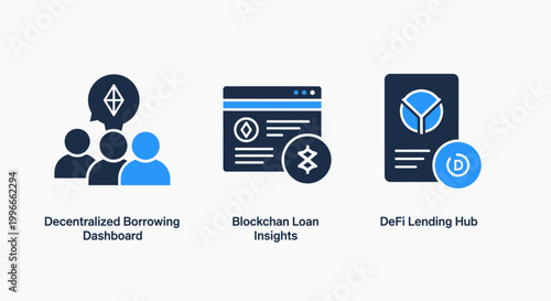 Set of three decentralized finance and cryptocurrency loan dashboard icons with blockchain borrowing dashboard technology abstract internet investment currency decentralized financial