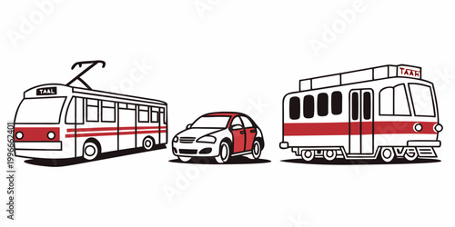 Foto a red and white bus, car and trolleybus on the road Vector
