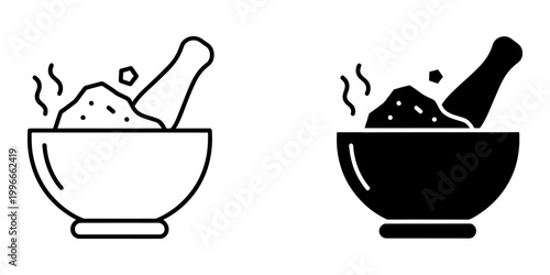 Mortar and pestle with spice powder vector illustration outline and silhouette icon set isolated on white background symbol of traditional grinding herbal medicine pharmacy and kitchen tool spice.