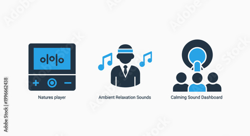 Audio recording and music production interface icons for broadcasting with recording production broadcasting microphone listening interface software waveform technician engineering creation