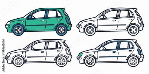Tableau sur toile four different hatchback cars in various colors and line art Vector