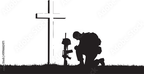 Silhouette of a soldier kneeling in remembrance before a cross and military gear