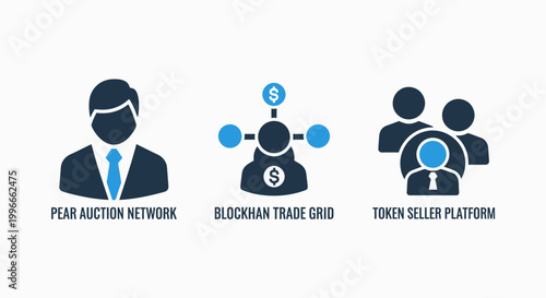 Blockchain and financial icons showing pear auction network trade grid and token seller platform blockchain platform business currency investment technology transaction decentralized