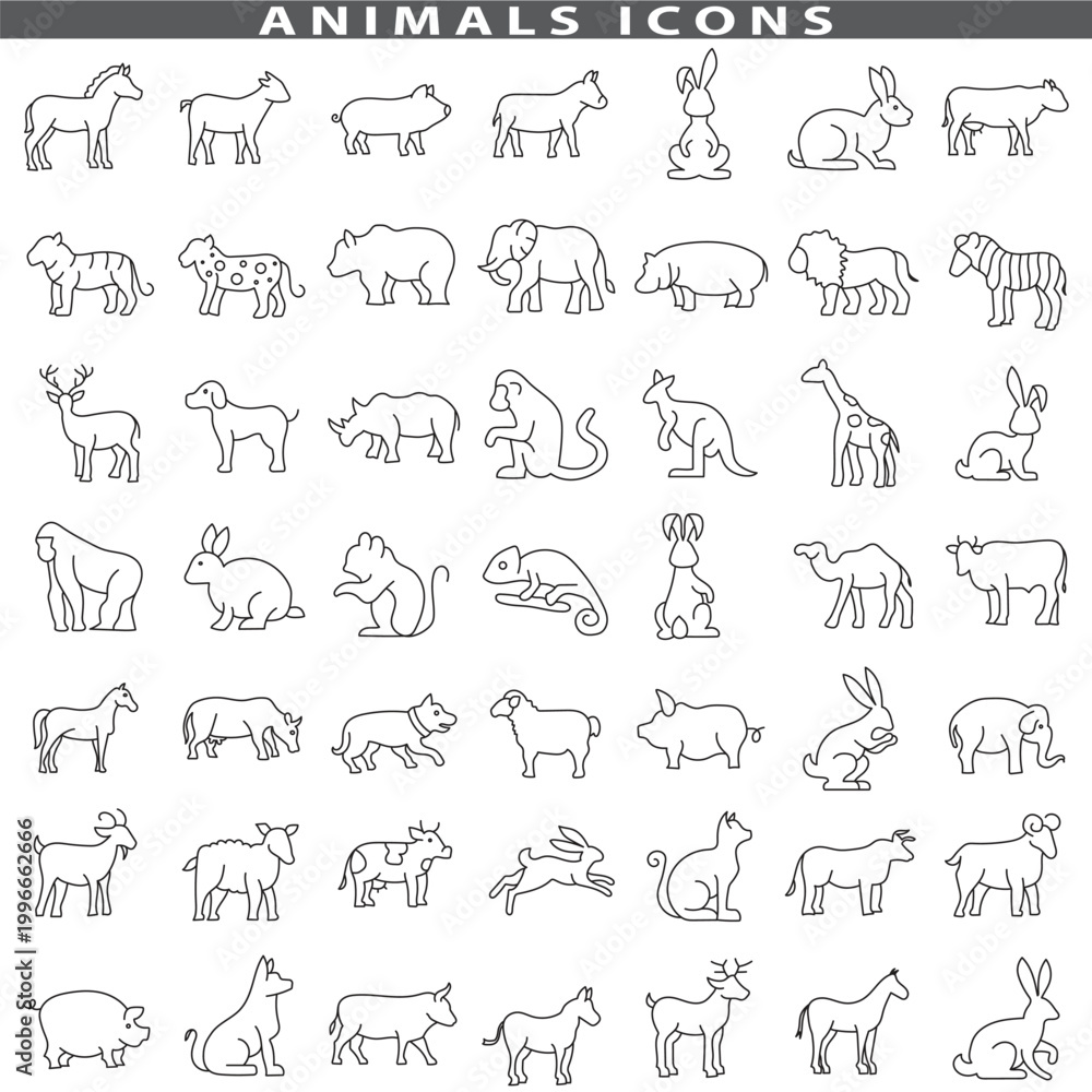 Obraz premium Animal silhouettes, wildlife animals line art icon set, A comprehensive collection of black and white line art icons featuring various pet animals