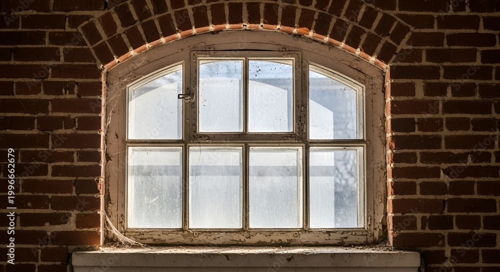 Fototapeta premium Old brick building with arched window, weathered paint, and dusty glass, natural light