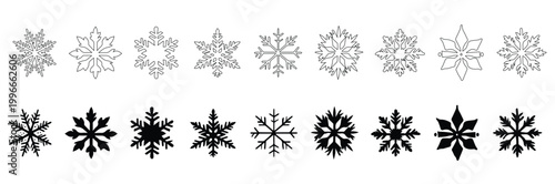 A collection of black snowflake vector graphics featuring both solid and outline designs, representing winter, cold, and festive seasons. Snowflake line icon set featuring winter frost ice crystal.