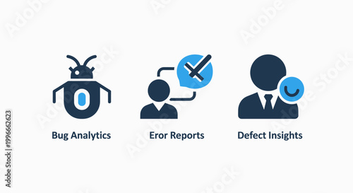 Set of three software development and bug tracking icons including bug analytics error reports and defect insights with analytics software development reporting programming technology computer