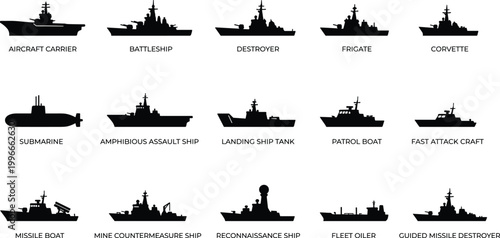 Minimal Naval Warship Icons Set - Solid Silhouette Military Ships Vector 15 Icons Grid