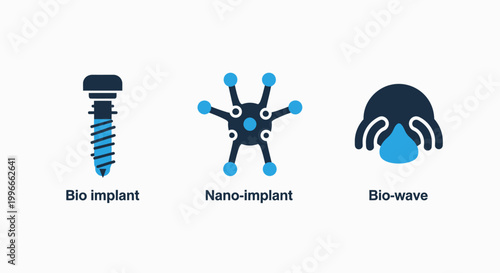 Set of three medical and biotech technology icons including bio implant nano implant and bio wave with nanotechnology innovation healthcare technology research development synthetic engineering
