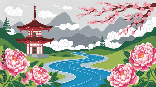 Asian landscape with pagoda and river  serene natural scenery