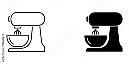 Kitchen stand mixer icon set with outline and silhouette styles for food preparation equipment graphic design projects professional baking tool symbol collection isolated on white background art.