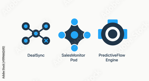 Advanced network and sales analytics icons featuring deal synchronization monitor pods predictive flow engines analytics predictive monitoring business strategy management marketing