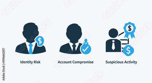 Cybersecurity identity risk and account compromise warning icons in flat vector design with cybersecurity identity compromise suspicious activity security protection internet business
