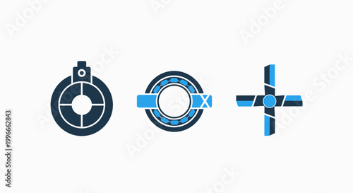 Set of industrial gear and mechanical components icons with mechanical industry engineering technical component manufacturing technology maintenance assembly construction blueprint abstract