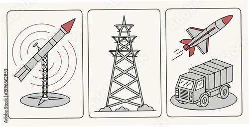 Tablou pe pânză a set of illustrations featuring a rocket, tower, and launchpad Vector