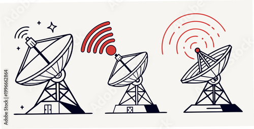 Bilde på lerret Three satellite dishes with signal waves emitting from them Vector