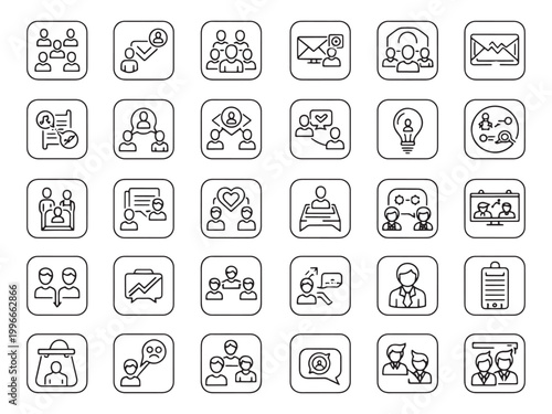 Iconic Business and Collaboration Symbols: A collection of various icons representing essential business concepts, teamwork, communication, and innovative ideas.