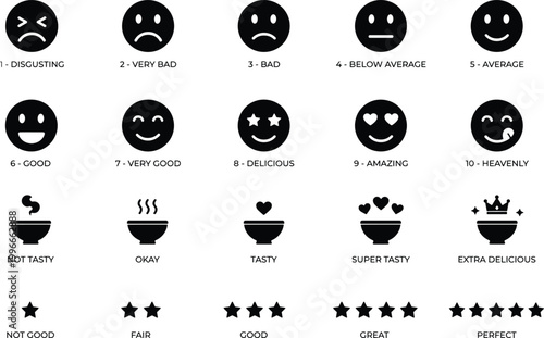 Minimal Food Rating Icons Set - Solid Silhouette Taste Level and Review Score Vector 15 Icons Grid