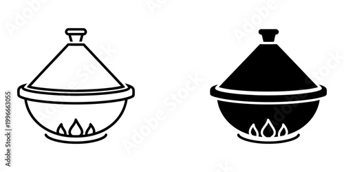 Moroccan tagine pot linear and silhouette icons showing traditional north african clay cookware over gas flame vector illustration set for ethnic cuisine restaurant menu and middle eastern cooking.