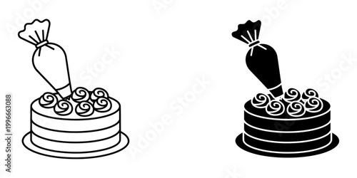Bakery cake decorating process with piping bag linear and silhouette icons set isolated on white background for pastry shop branding sweet dessert preparation professional culinary tools illustration.