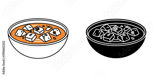 Paneer masala bowl flat and silhouette icons set illustrating traditional indian spicy curry with cheese cubes for restaurant branding and ethnic cuisine menu design vector graphics illustration.