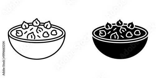 Healthy chickpeas salad icons set featuring linear and solid glyph styles of bowl filled with nutritious garbanzo beans perfect for vegetarian menu design culinary blog or healthy eating infographic.
