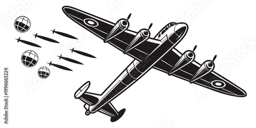 Cuadro en lienzo a black and white illustration of a bomber plane dropping bombs Vector