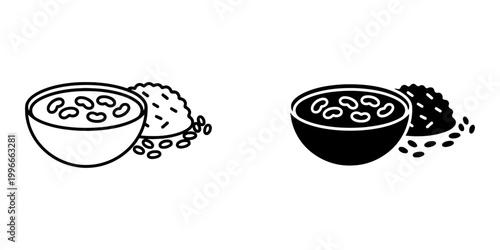 Traditional beans and rice vector illustration set featuring line art and solid black glyph icons for mexican cuisine latin american food bowl with side of grains for menu design or cooking blog.