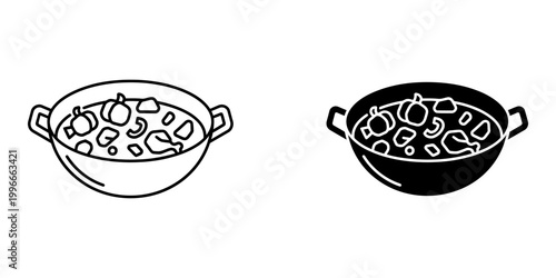 Indian kadai chicken icon set with meat and peppers in traditional cooking pot linear and glyph style illustration for asian restaurant menu design spicy poultry curry silhouette on white background.