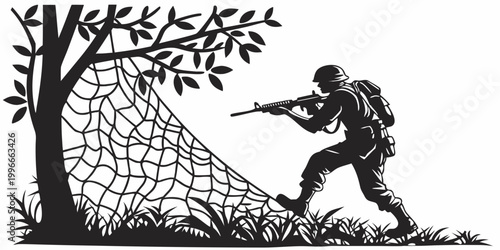 Foto a soldier deploying camouflage netting in a wooded area Vector
