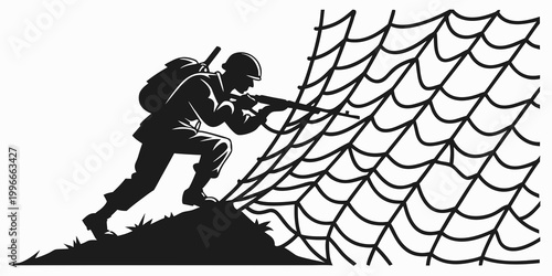 Fotografie soldier climbing a steep hill with a large net Vector