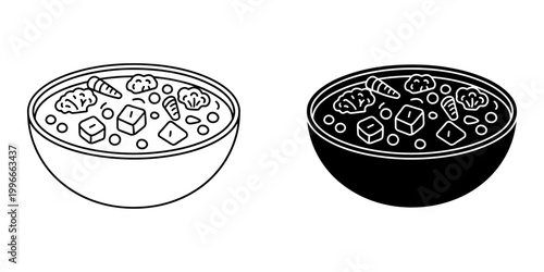 Vegetable curry icon set with paneer cheese and cauliflower in bowl linear and glyph style illustration for indian food menu design healthy vegetarian spicy meal silhouette collection on white back.