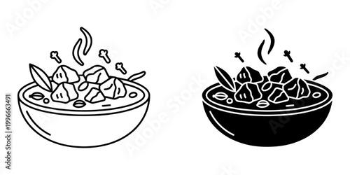Mutton curry icon set with meat chunks and spices in bowl linear and glyph style illustration for indian restaurant menu design spicy lamb stew with bay leaf and cloves silhouette on white background.