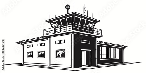 фотографія a black and white drawing of a control tower Vector