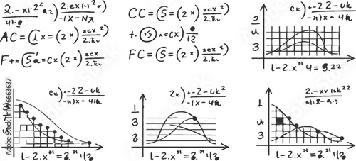 Hand drawn complex mathematical equations formulas and scientific graphs on white background education study vector illustration.
