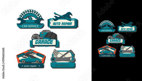 Car Service and Auto Repair Logo Badges Set, Garage and Mechanic Emblem Collection